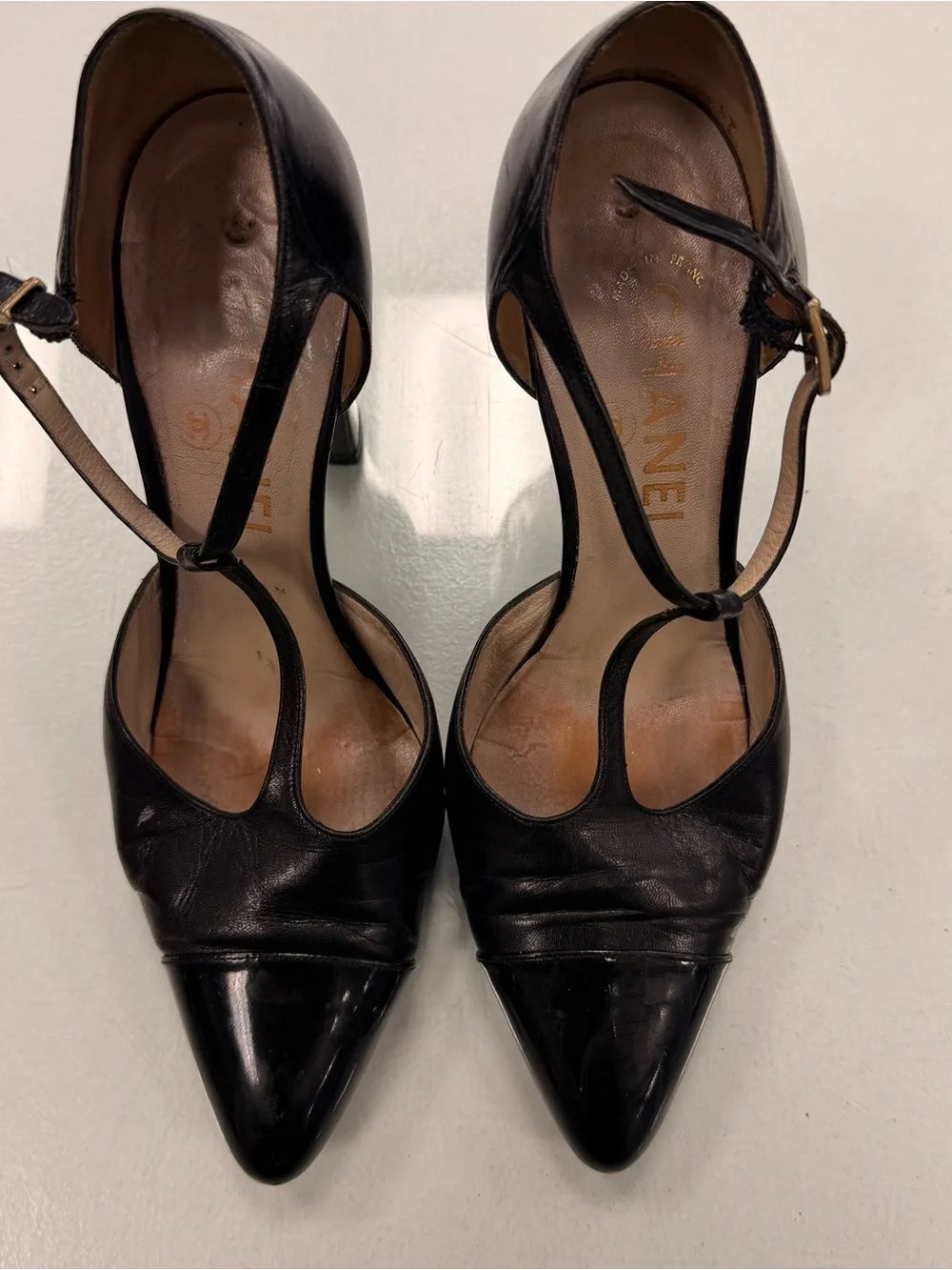 CHANEL Black Leather T-Strap Pointed Toe Heels